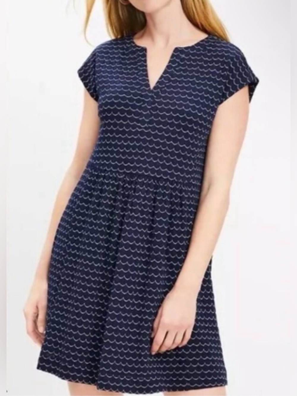 Loft Navy Blue Short Dress Size L Scalloped Wave Pattern Vneck